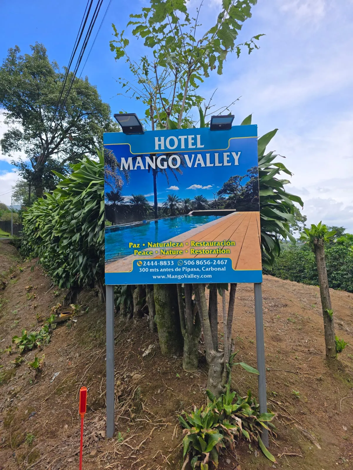 Close-up of the Hotel Mango Valley roadside sign with pool photo and contact details